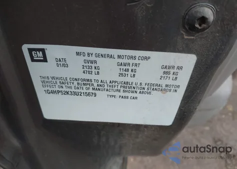 2003 Buick Lesabre Custom z USA, uszkodzony, nr VIN 1G4HP52K33U215679